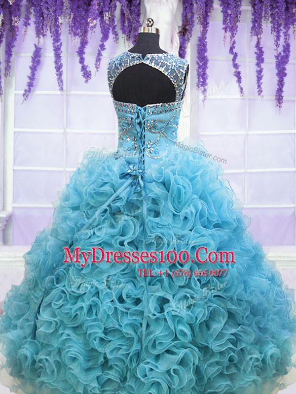 Ideal Square Sleeveless 15 Quinceanera Dress Beading and Ruffles Baby Blue Organza