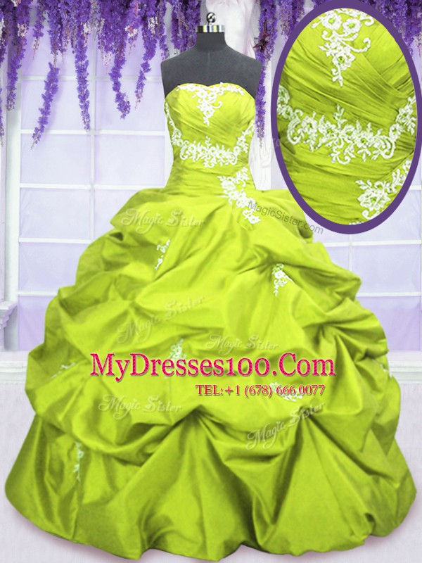 Fantastic Taffeta Strapless Sleeveless Lace Up Appliques and Pick Ups 15 Quinceanera Dress in Yellow Green