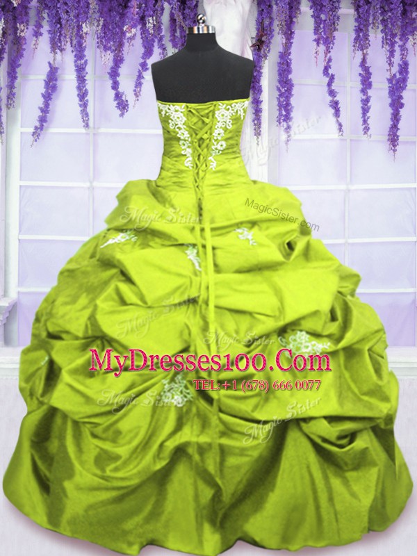 Fantastic Taffeta Strapless Sleeveless Lace Up Appliques and Pick Ups 15 Quinceanera Dress in Yellow Green