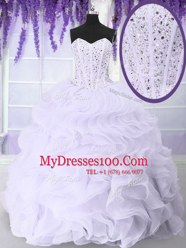 Sweetheart Sleeveless 15th Birthday Dress Floor Length Beading and Ruffles White Organza