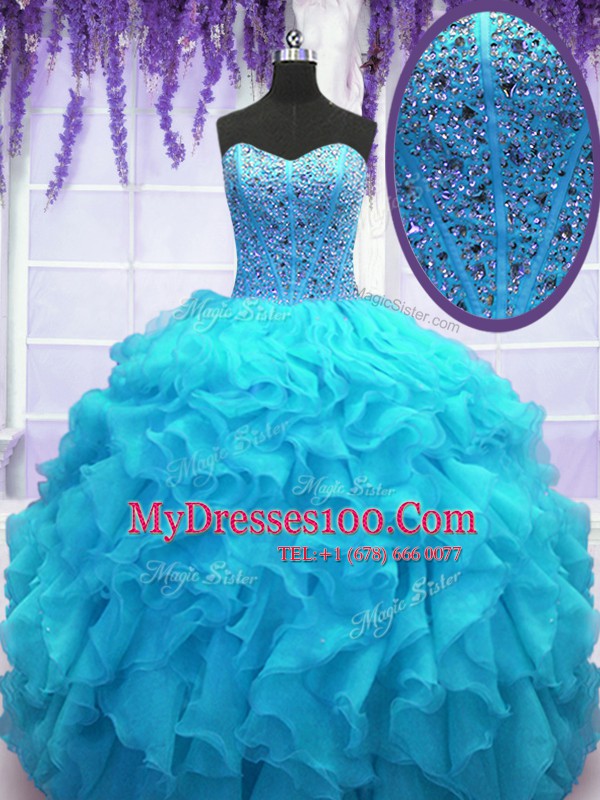 Baby Blue Sleeveless Organza Lace Up Quinceanera Gown for Military Ball and Sweet 16 and Quinceanera
