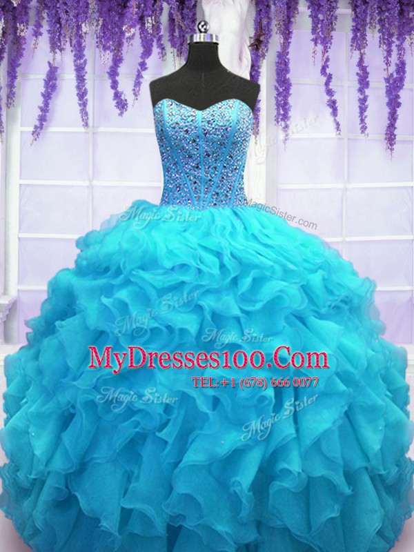 Baby Blue Sleeveless Organza Lace Up Quinceanera Gown for Military Ball and Sweet 16 and Quinceanera