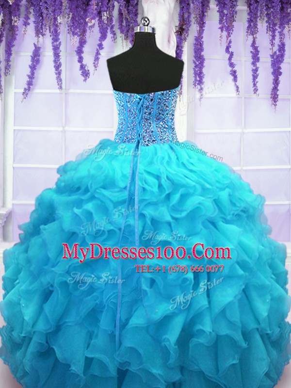 Baby Blue Sleeveless Organza Lace Up Quinceanera Gown for Military Ball and Sweet 16 and Quinceanera