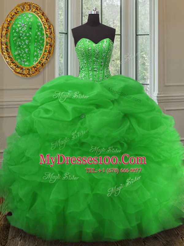 Suitable Green Quinceanera Dress Military Ball and Sweet 16 and Quinceanera and For with Beading and Ruffles and Pick Ups Sweetheart Sleeveless Lace Up