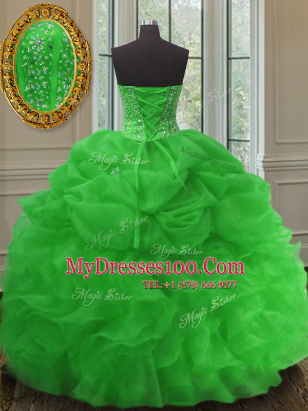 Suitable Green Quinceanera Dress Military Ball and Sweet 16 and Quinceanera and For with Beading and Ruffles and Pick Ups Sweetheart Sleeveless Lace Up