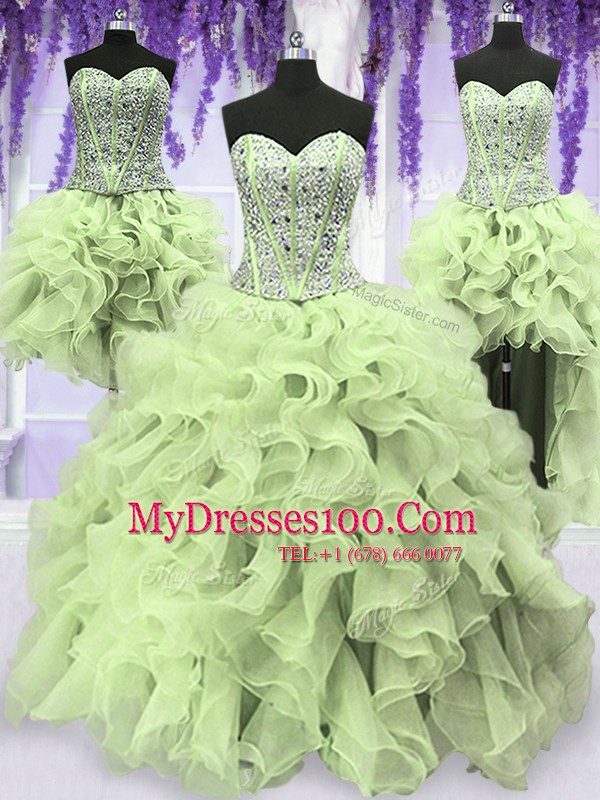 Four Piece Sweetheart Sleeveless Organza Quinceanera Gowns Ruffles and Sequins Lace Up