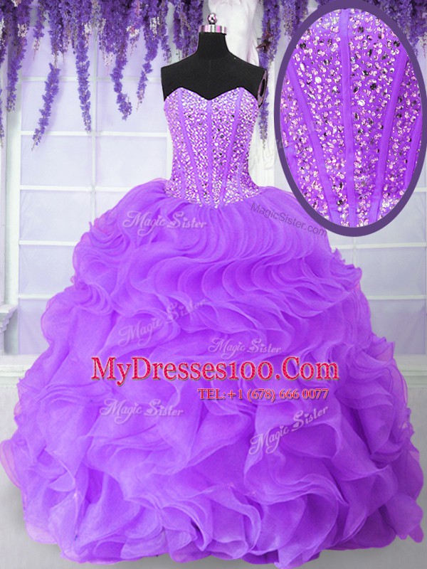 Customized Purple Ball Gowns Beading and Ruffles Quinceanera Dresses Lace Up Organza Sleeveless Floor Length