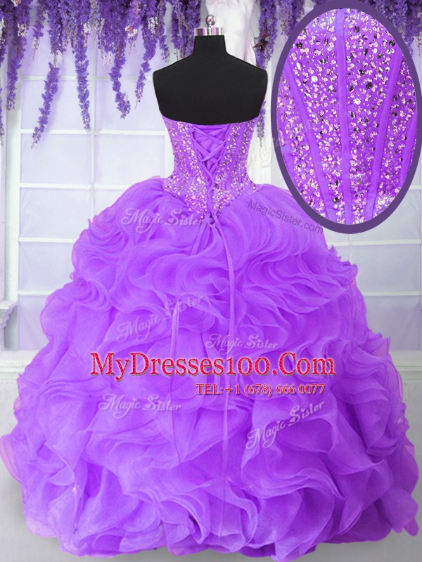 Customized Purple Ball Gowns Beading and Ruffles Quinceanera Dresses Lace Up Organza Sleeveless Floor Length