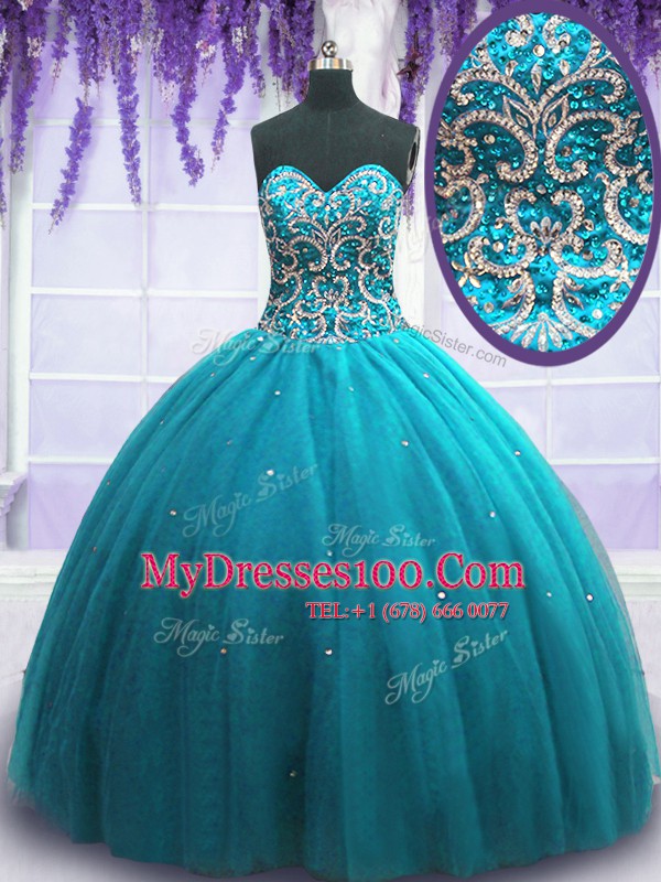 Teal Ball Gowns Beading Quinceanera Gown Lace Up Tulle Sleeveless Floor Length
