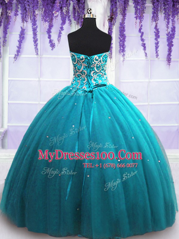 Teal Ball Gowns Beading Quinceanera Gown Lace Up Tulle Sleeveless Floor Length