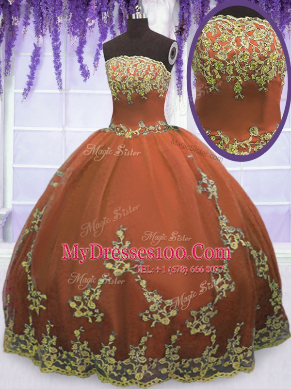 Rust Red Tulle Zipper Strapless Sleeveless Floor Length Sweet 16 Dresses Appliques