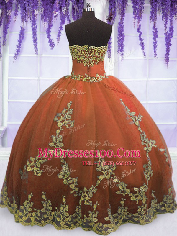 Rust Red Tulle Zipper Strapless Sleeveless Floor Length Sweet 16 Dresses Appliques