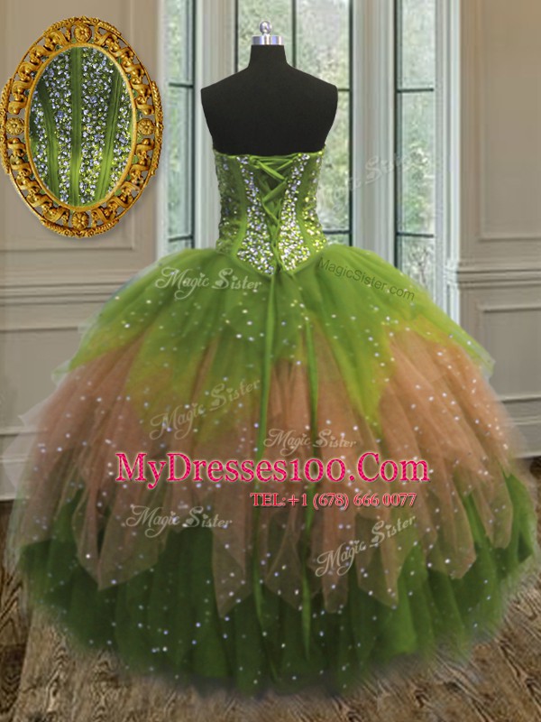 Great Three Piece Multi-color Sleeveless Floor Length Beading Lace Up Quince Ball Gowns