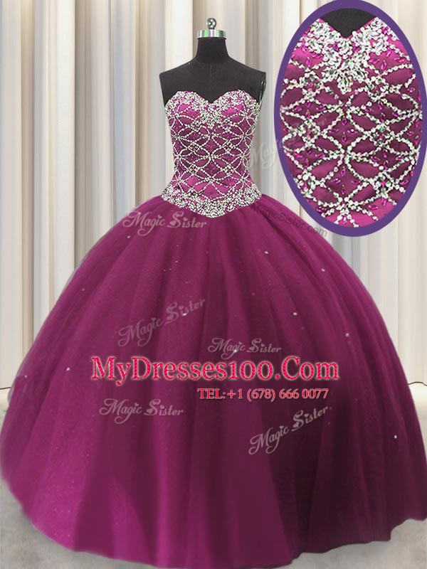 Smart Fuchsia Lace Up 15th Birthday Dress Beading and Sequins Sleeveless Floor Length