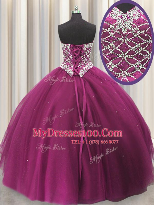 Smart Fuchsia Lace Up 15th Birthday Dress Beading and Sequins Sleeveless Floor Length
