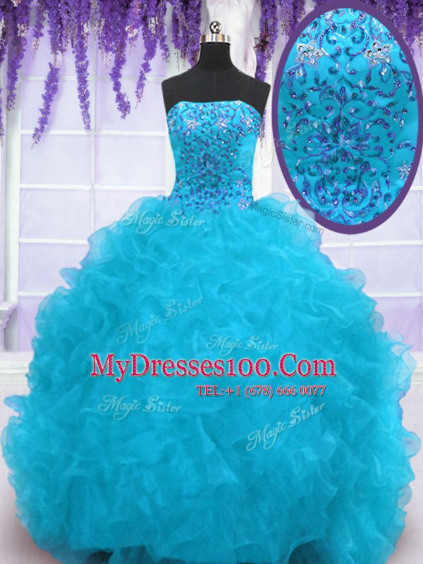 Sleeveless Brush Train Lace Up With Train Beading and Ruffles Quince Ball Gowns