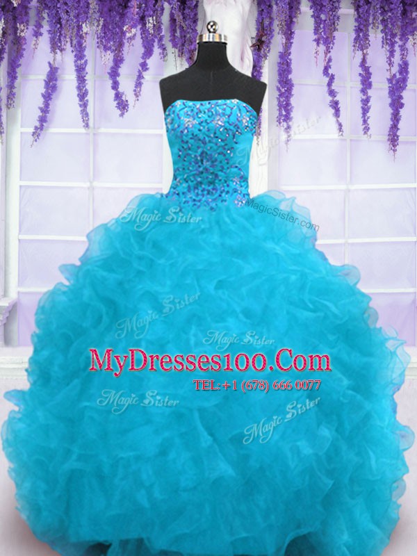 Sleeveless Brush Train Lace Up With Train Beading and Ruffles Quince Ball Gowns