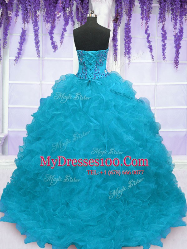 Sleeveless Brush Train Lace Up With Train Beading and Ruffles Quince Ball Gowns
