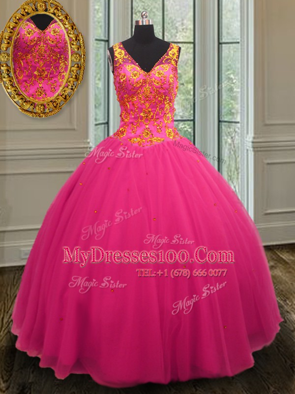 Hot Pink Zipper V-neck Beading Sweet 16 Dresses Tulle Sleeveless