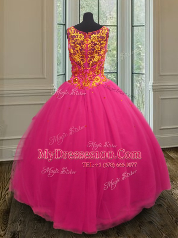 Hot Pink Zipper V-neck Beading Sweet 16 Dresses Tulle Sleeveless