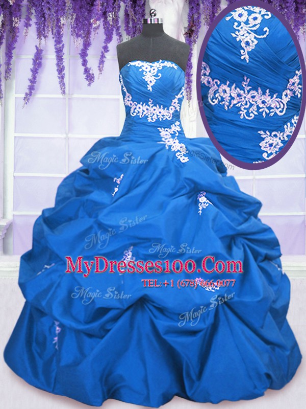 Dynamic Blue Lace Up 15 Quinceanera Dress Appliques and Pick Ups Sleeveless Floor Length