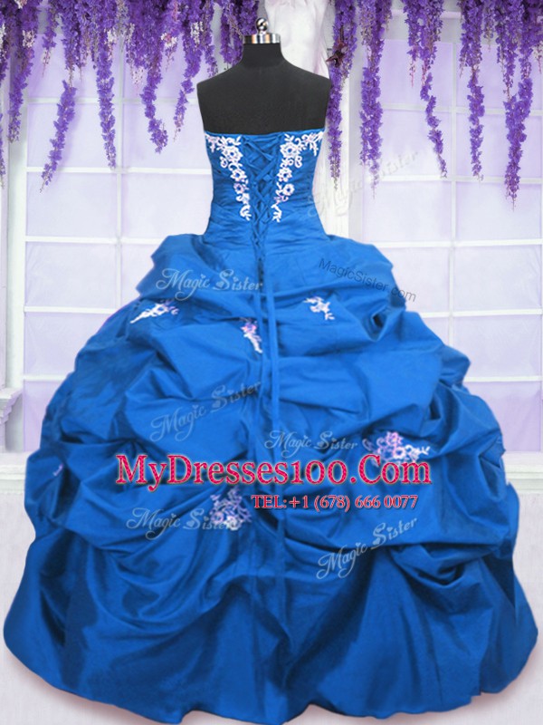 Dynamic Blue Lace Up 15 Quinceanera Dress Appliques and Pick Ups Sleeveless Floor Length