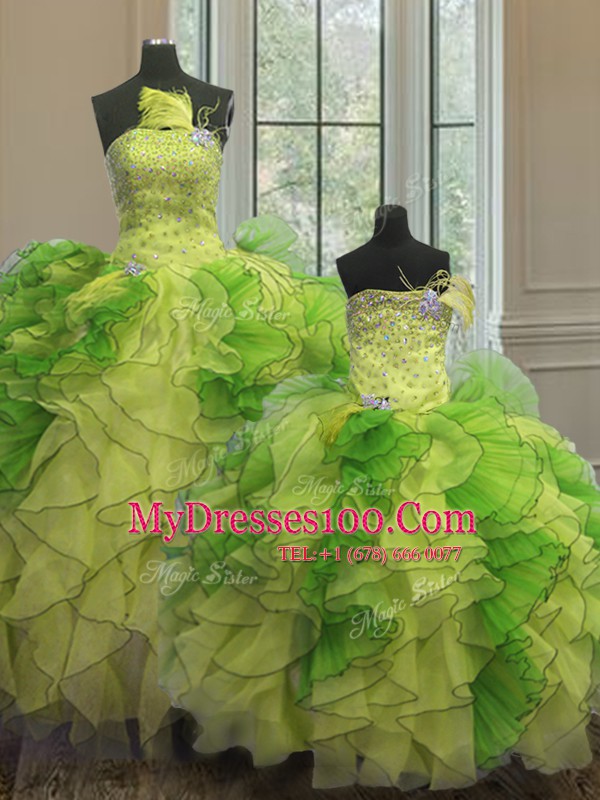 Multi-color Strapless Lace Up Beading and Ruffles Sweet 16 Quinceanera Dress Sleeveless