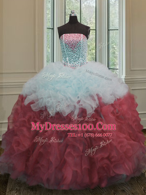 Colorful Floor Length Ball Gowns Sleeveless White And Red Sweet 16 Dress Lace Up