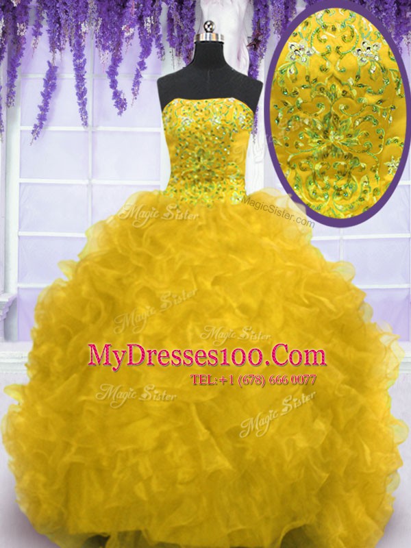 High End Gold Strapless Neckline Beading and Ruffles Quinceanera Dresses Sleeveless Lace Up