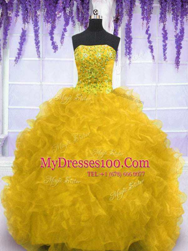 High End Gold Strapless Neckline Beading and Ruffles Quinceanera Dresses Sleeveless Lace Up