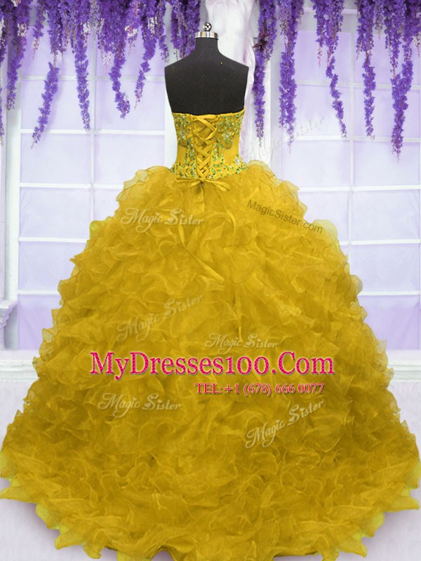 High End Gold Strapless Neckline Beading and Ruffles Quinceanera Dresses Sleeveless Lace Up