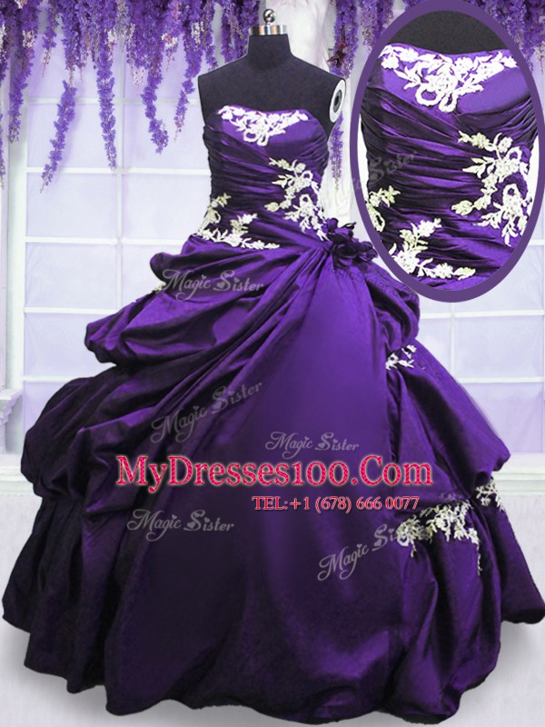 Beauteous Floor Length Lace Up Sweet 16 Dress Purple for Military Ball and Sweet 16 and Quinceanera with Appliques and Pick Ups