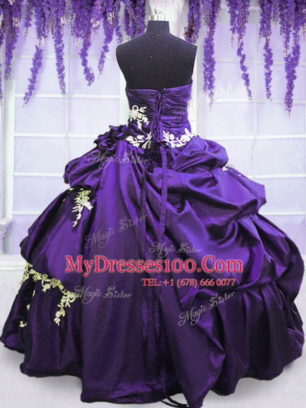 Beauteous Floor Length Lace Up Sweet 16 Dress Purple for Military Ball and Sweet 16 and Quinceanera with Appliques and Pick Ups