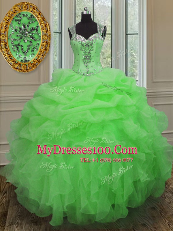 Free and Easy Straps Sleeveless Organza Floor Length Zipper 15th Birthday Dress in with Beading and Ruffles