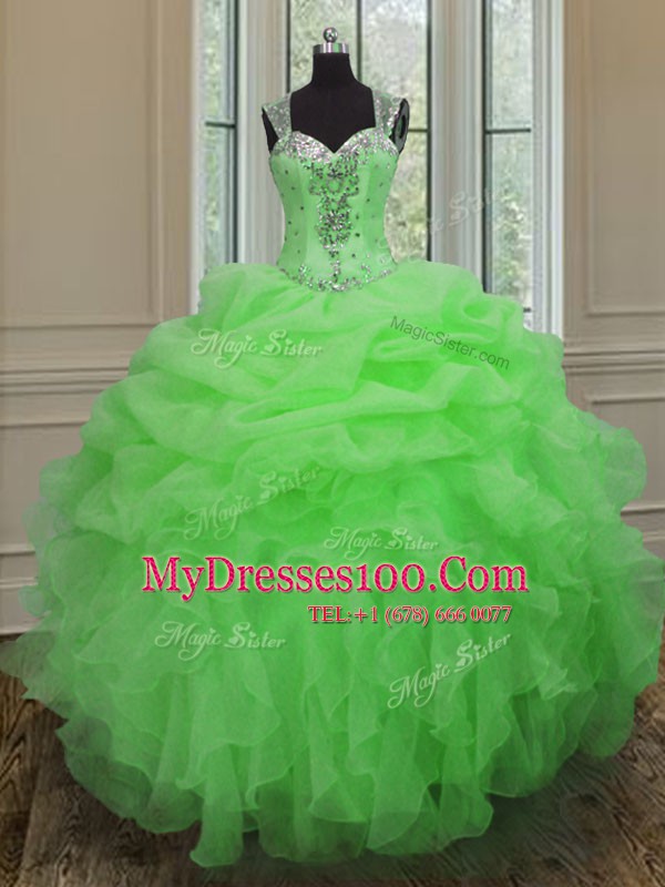 Free and Easy Straps Sleeveless Organza Floor Length Zipper 15th Birthday Dress in with Beading and Ruffles