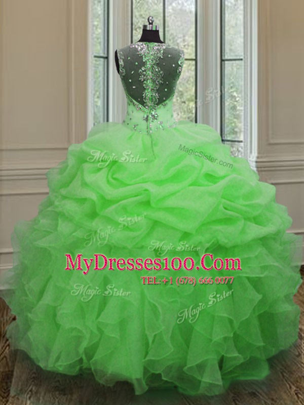 Free and Easy Straps Sleeveless Organza Floor Length Zipper 15th Birthday Dress in with Beading and Ruffles