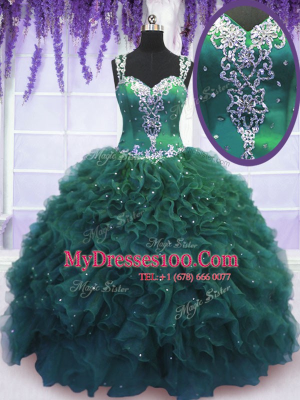Top Selling Dark Green Zipper Straps Beading and Ruffles Quinceanera Dresses Tulle Sleeveless