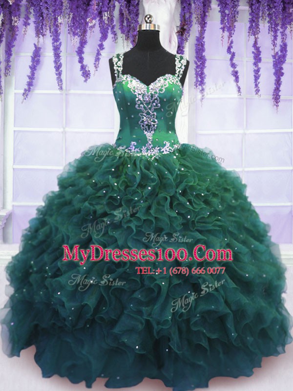 Top Selling Dark Green Zipper Straps Beading and Ruffles Quinceanera Dresses Tulle Sleeveless