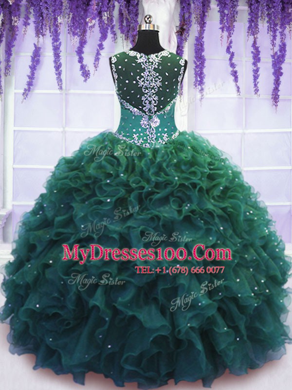 Top Selling Dark Green Zipper Straps Beading and Ruffles Quinceanera Dresses Tulle Sleeveless