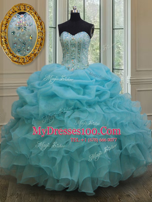 Beading and Pick Ups 15th Birthday Dress Baby Blue Lace Up Sleeveless Floor Length
