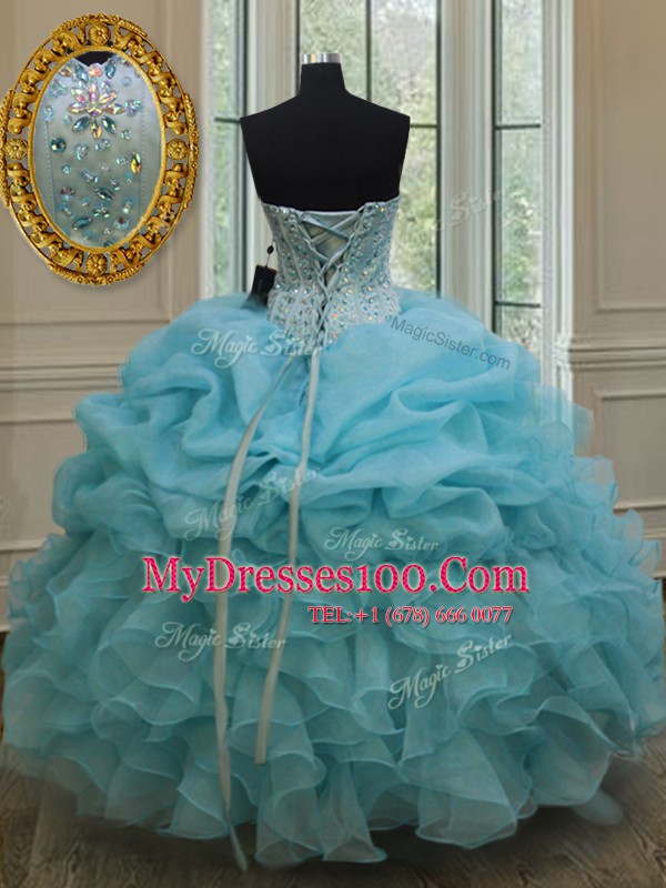 Beading and Pick Ups 15th Birthday Dress Baby Blue Lace Up Sleeveless Floor Length