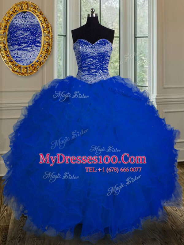 Perfect Royal Blue Tulle Lace Up Sweetheart Sleeveless Floor Length Quinceanera Dresses Beading and Ruffles