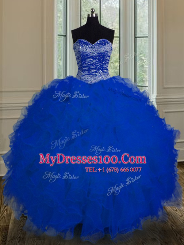 Perfect Royal Blue Tulle Lace Up Sweetheart Sleeveless Floor Length Quinceanera Dresses Beading and Ruffles