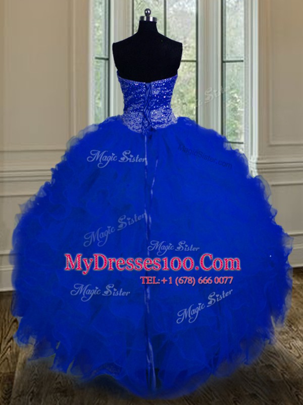 Perfect Royal Blue Tulle Lace Up Sweetheart Sleeveless Floor Length Quinceanera Dresses Beading and Ruffles