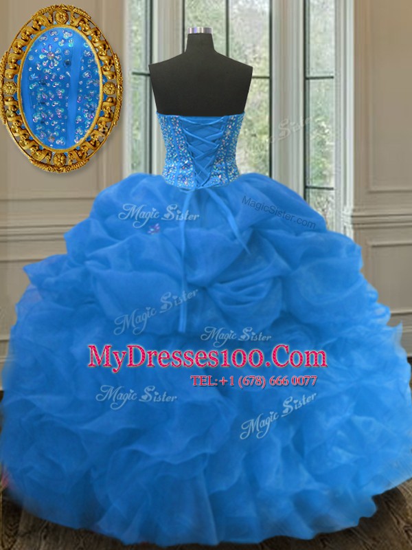 Superior Pick Ups Ball Gowns Quinceanera Dress Blue Sweetheart Organza Sleeveless Floor Length Lace Up
