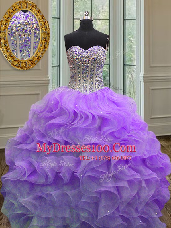 Lavender Lace Up Sweet 16 Quinceanera Dress Beading and Ruffles Sleeveless Floor Length