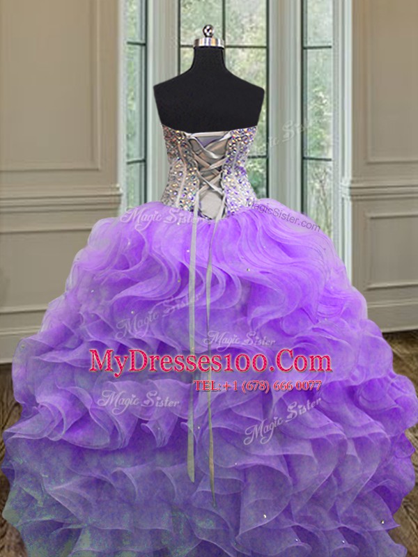 Lavender Lace Up Sweet 16 Quinceanera Dress Beading and Ruffles Sleeveless Floor Length