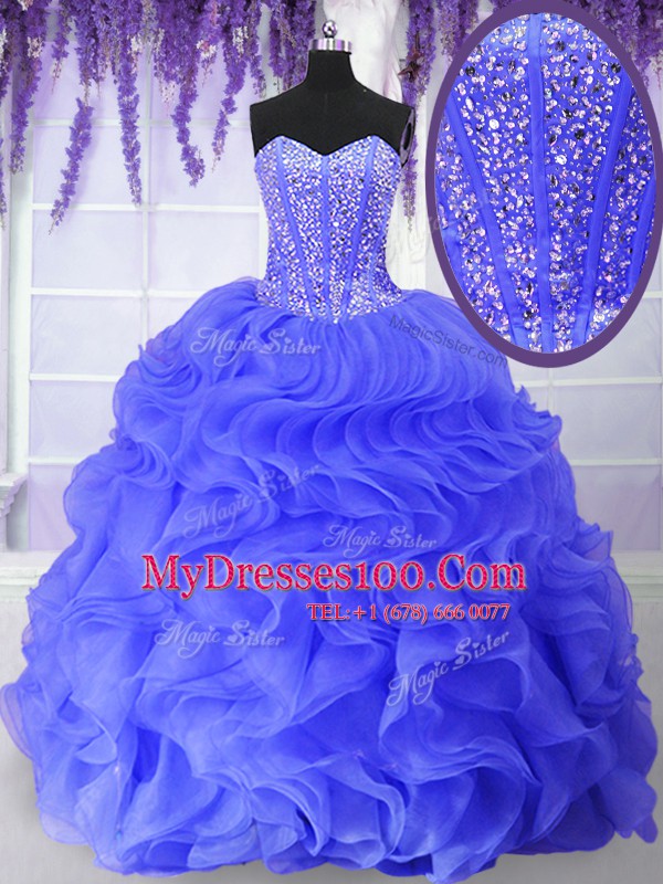 Fantastic Blue Organza Lace Up Quinceanera Dresses Sleeveless Floor Length Beading and Ruffles