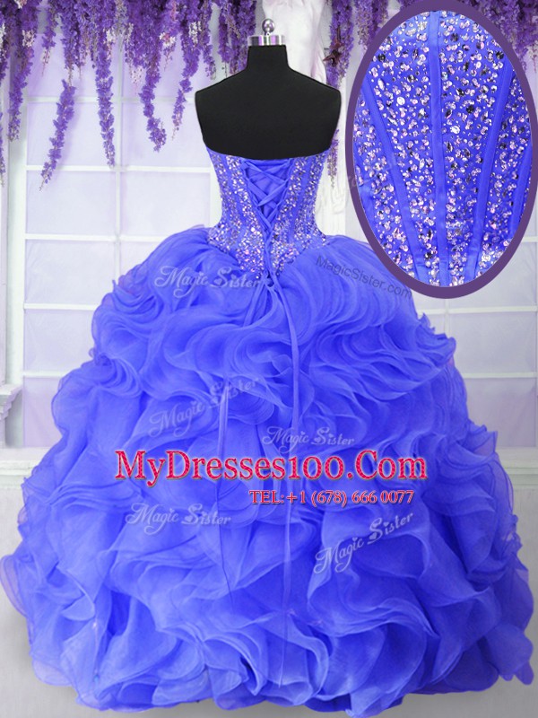 Fantastic Blue Organza Lace Up Quinceanera Dresses Sleeveless Floor Length Beading and Ruffles