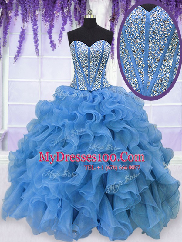 Nice Baby Blue Sweetheart Lace Up Beading and Ruffles Quince Ball Gowns Sleeveless